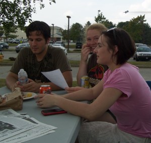 Blue Angels fly over students.