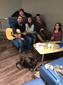 Rod Chandler (leaning over the back), Emily Belanger, Shiloh Chambers, and Kayla Barr joined Aaron in a  repose from their academic studies.