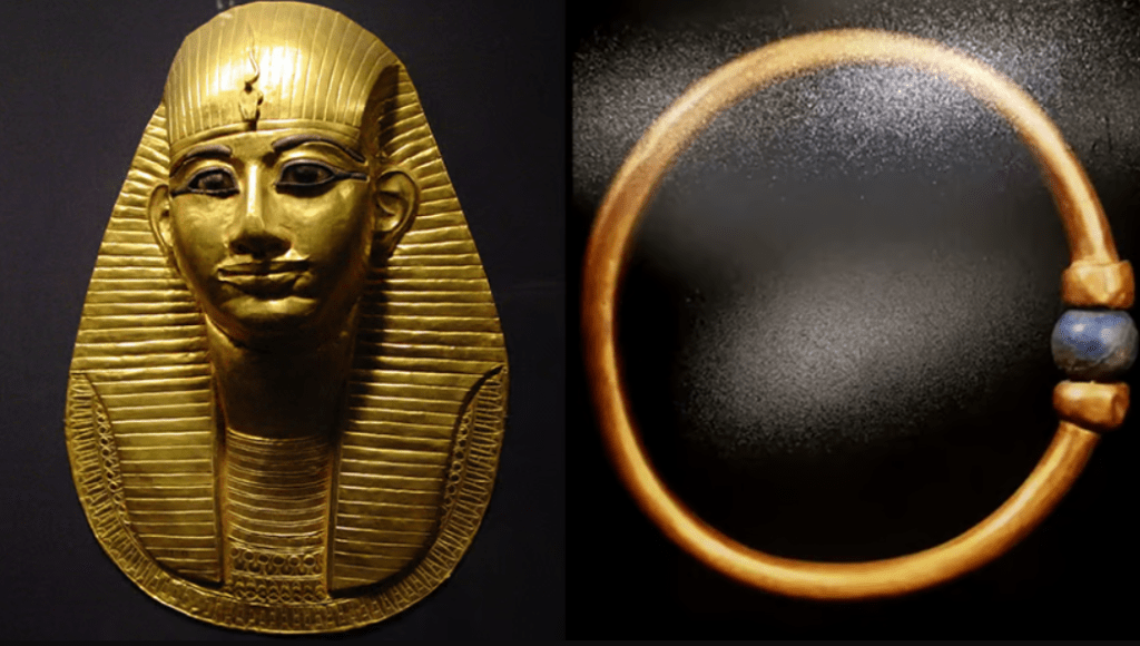 Photos of the bracelet which vanished in September, 2025, as well as the funerary mask of Amenemope.