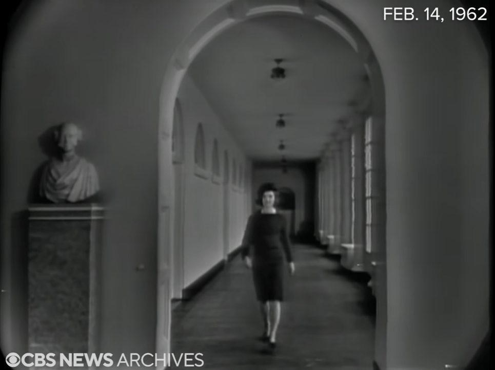 Jackie Kennedy in the east wing's colonnade in 1962 during a Valentine's Day television tour.
